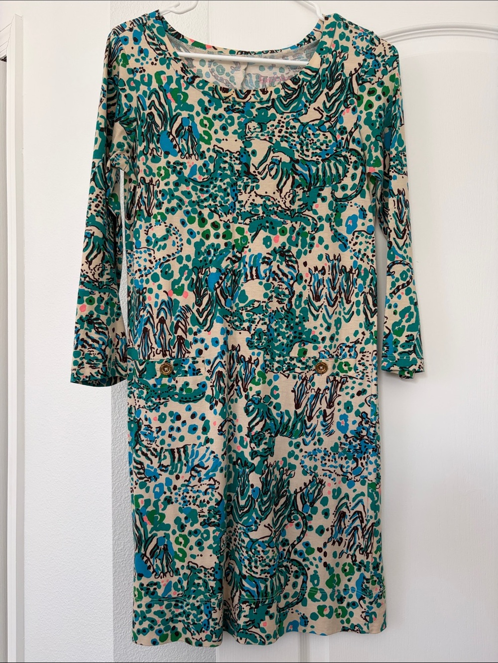 Lilly Pulitzer Teal & Cream Long Sleeve Printed Shift Dress